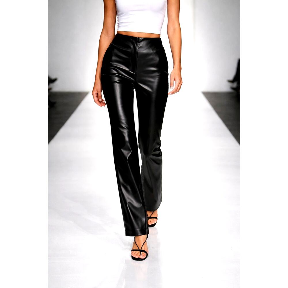 Tanya Taylor Adler Faux Leather Pants Bottom Slits Black 18